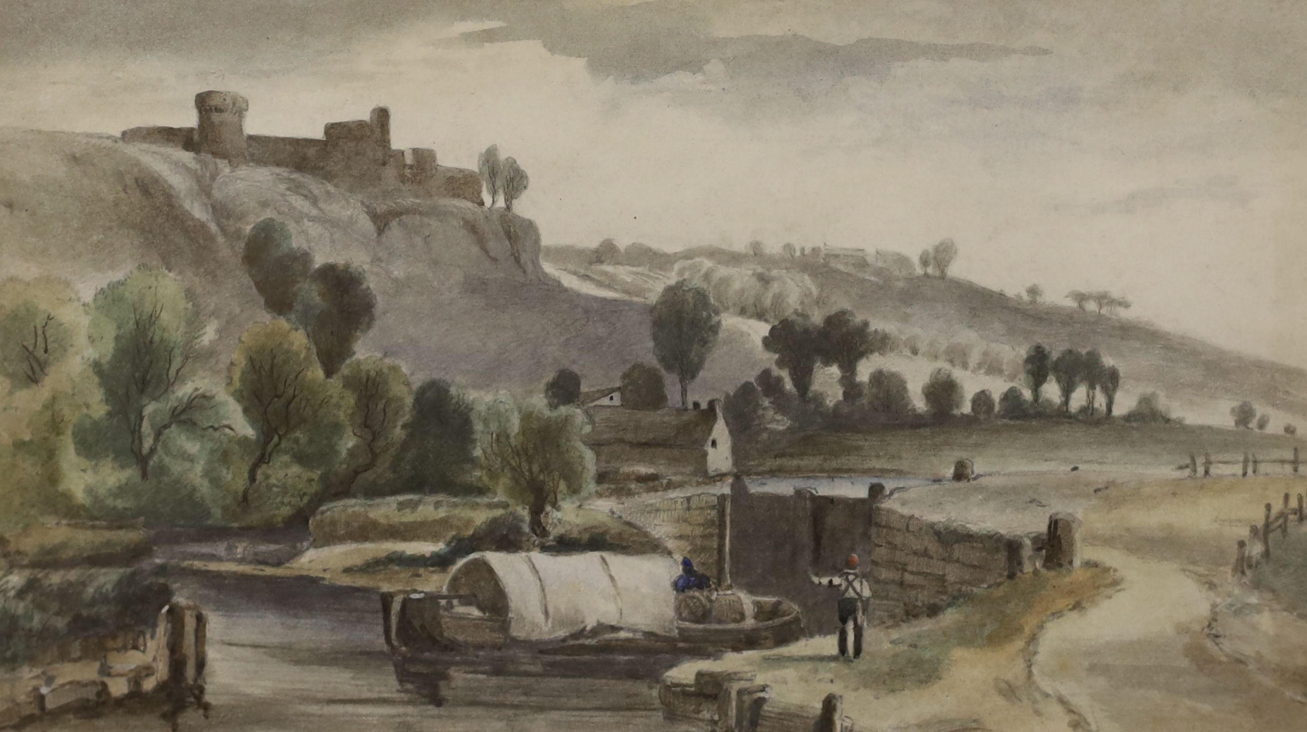 Attributed to Anthony Van Dyke Copley Fielding (1787-1855), watercolour, Bargeman beside a loch, a castle beyond, signed and dated 1819, 14 x 24cm